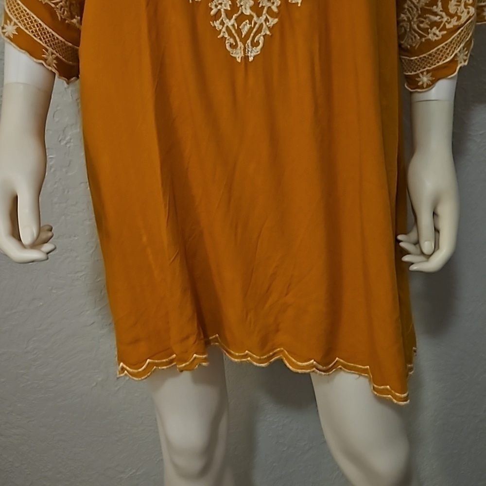 CHIC CONNECTION Mustard Yellow Floral Embroidered Boho Peasant Mini Dress - Picture 5 of 10